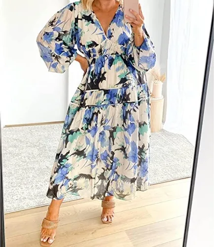 Miniatura 3 de Bowanadacles Women Floral Print Tiered Maxi Dress Puff Sleeve V Neck Smoked Dress Boho Flowy Beach Long Dresses