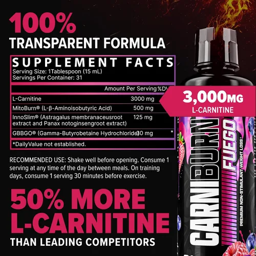 Miniatura 3 de Nutrex Research CARNIBURN Advanced L Carnitina líquida 3000mg con MitoBurn, InnoSlim y GBBGO (31 porciones, Berry Blast)