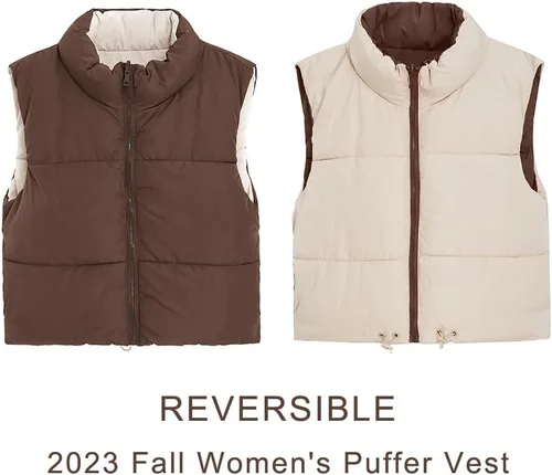 Miniatura 3 de Chaleco corto de invierno para mujer, ligero, reversible, cálido, chaleco acolchado, chaleco acolchado