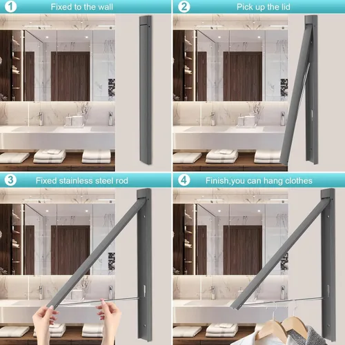 Miniatura 9 de Tendedero de pared para cuarto de lavado, sin taladro, plegable, estante de pared de aluminio de capacidad de 65 libras para apartamento, baño, casa