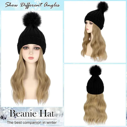 Miniatura 2 de Gorro de peluca con extensiones de cabello largo ondulado – Gorro de punto acanalado con pompón unido 14 pulgadas rizado sintético postizo