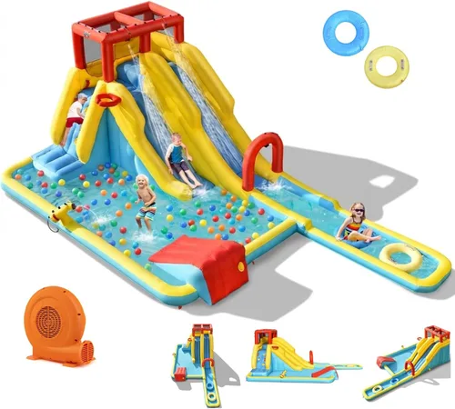 Miniatura 9 de BOUNTECH Tobogán acuático inflable, toboganes de surf duales para niños, parque de toboganes de agua, castillo inflable con 2 anillos de natación