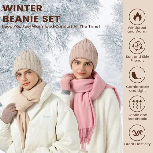 Miniatura 7 de Conjunto de gorro de invierno para mujer + bufanda larga + guantes para pantalla táctil, conjunto de ropa cálida con forro polar de punto
