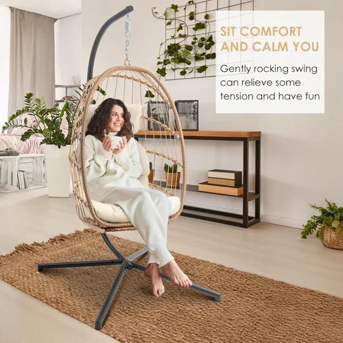 Miniatura 4 de Silla colgante de huevo Brafab con soporte y reposapiés, silla de columpio de mimbre en forma de huevo, marco de aluminio-acero para interiores