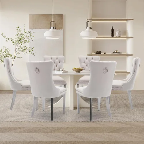 Miniatura 12 de Juego de 2 sillas de comedor tapizadas de terciopelo, sillas laterales de cocina de estilo moderno con ribete de cabeza de clavo y patas de madera