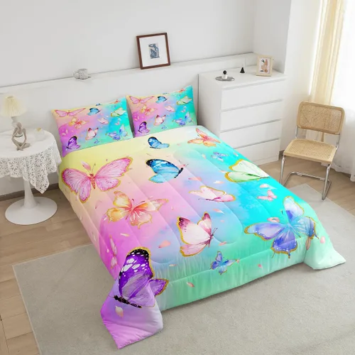 Miniatura 3 de Erosebridal Juego de ropa de cama con diseño de mariposas de dibujos animados, decoración de habitación de niñas, animales salvajes, mariposas rosas