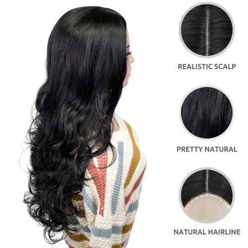 Miniatura 3 de Onpep Peluca de cabello rizado largo y ondulado negro con aspecto natural encantador pelucas sintéticas resistentes al calor para las mujeres
