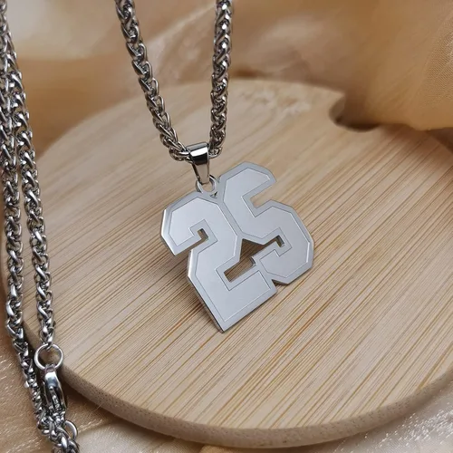 Miniatura 2 de Collar deportivo número del 1 al 99 para niño y hombre, colgante de número de jersey de la suerte, 0.984in de alto, joyería de acero inoxidable