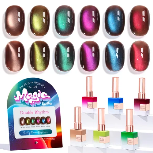 Miniatura 10 de Double Rhythm - Juego de esmalte de uñas de gel ojo de gato de 6 unidades, mismo color, misma botella, 14.8 ml, brillo con glitter, con imán