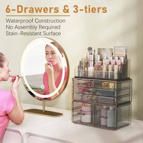 Miniatura 6 de Delamu Organizador de maquillaje de 3 niveles y 6 cajones para encimera, organizador de cosméticos para tocador y tocador, organizador de baño, Negro