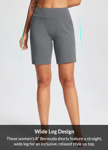 Miniatura 4 de BALEAF Bermudas de 8 pulgadas para mujer, pantalones cortos deportivos largos de algodón, con control de abdomen, estilo casual, para descansar