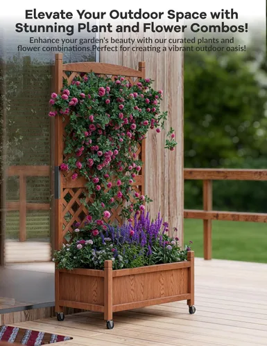 Miniatura 4 de GarveeLife Paquete de 2 macetas altas de madera con enrejado, cama de jardín elevada de 61.5 pulgadas de alto sobre ruedas, maceta vertical