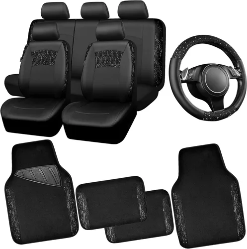 CAR PASS Juego completo de fundas de asiento de cuero negro con encaje para mujer y niñas, alfombrillas impermeables para el suelo del automóvil,