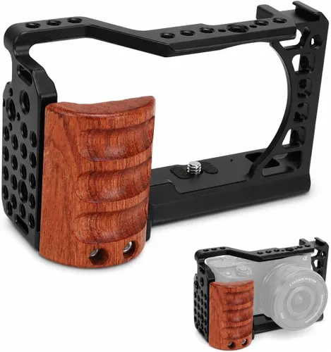 Jaula de cámara de aleación de aluminio con mango de madera, interfaz de zapata fría, marco protector para Sony A6400 A6300 A6100 A6000 - Diseño