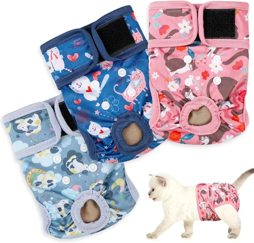 Miniatura 7 de Pañales reutilizables para gatos, paquete de 3 unidades con buena absorción, pañales adorables para gatos de fácil colocación y ajuste seguro S Cat-1