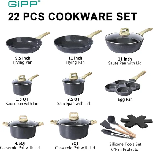 Miniatura 3 de GiPP Juego de ollas y sartenes de cerámica antiadherentes, juego de 22 utensilios de cocina antiadherentes, no tóxico, juego de cocina saludable