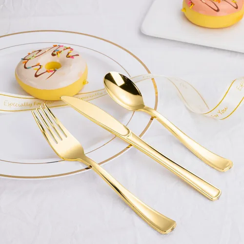 Miniatura 5 de N9R Juego de cubiertos de plástico dorado de 500 piezas, vajilla desechable de plástico dorado, 200 tenedores, 150 cucharas, 150 cuchillos