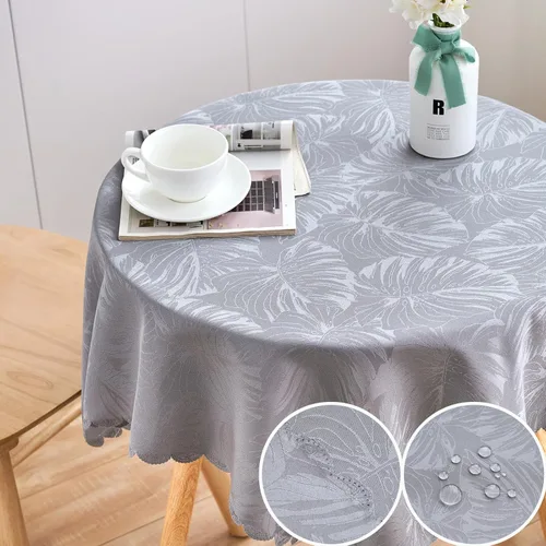 Miniatura 41 de Mantel redondo de tela de 60 pulgadas, mantel con diseño de hojas, borde festoneado, mantel sedoso, impermeable, resistente a las arrugas, lavable