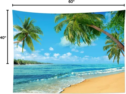 Miniatura 8 de HVEST Tapiz de playa para colgar en la pared, paisaje tropical azul océano, tapiz natural para dormitorio, palmera verde con cielo azul, nube