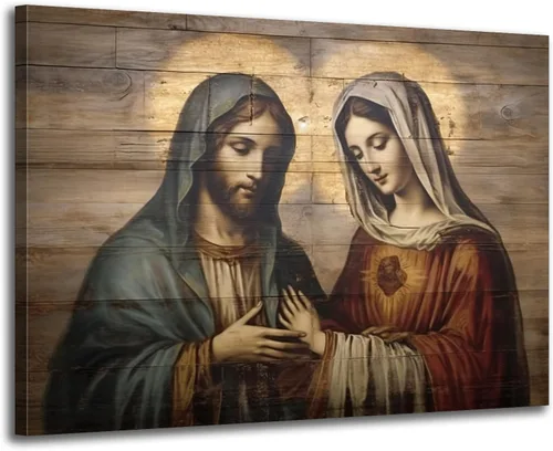 GLOKAKA Arte de pared de Jesús y la Virgen María, cuadros de Jesucristo y Virgen María sobre fondo de madera, pintura de escritura religiosa Obra de