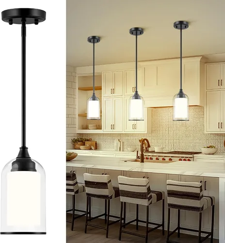 Miniatura 14 de LIROUVET Luces Colgantes Doradas para Isla de Cocina - Lámpara Colgante de Cristal Doble, Luz Colgante de 1 Luz con Cristal Transparente y Lechoso