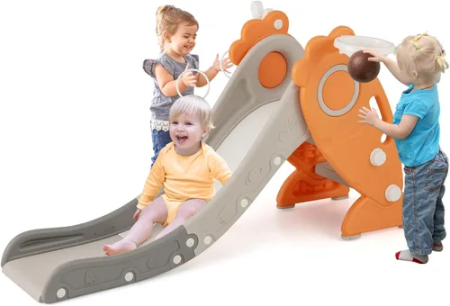 Miniatura 12 de BABY JOY Tobogán plegable para niños pequeños, juego independiente de escalador para bebés con aro de baloncesto, juego de tobogán para niños