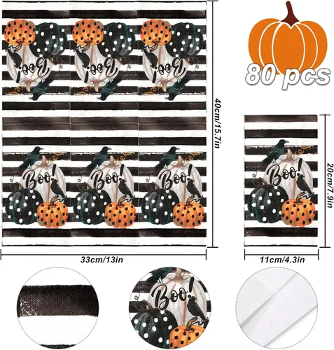 Miniatura 2 de Servilleta de papel de 3 capas desechable para invitados de Halloween, toalla de mano con rayas de calabaza y cuervo, servilletas de cena