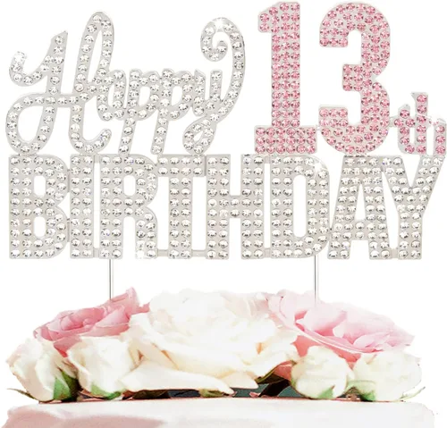 Miniatura 19 de Decoración de pastel de diamantes de imitación rosa y plateado con texto en inglés "Cheers to 11 Years Old Eleven Bday" de metal brillante