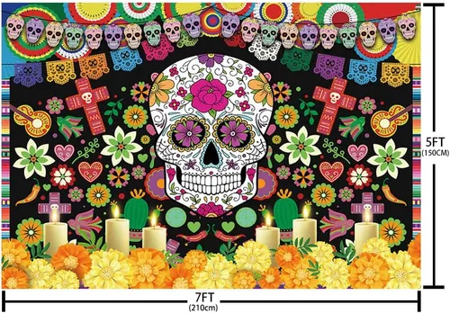 Miniatura 4 de MEHOFOND Telón de fondo del Día de los Muertos para fiesta mexicana, Día de los Muertos, decoración de fiesta de cumpleaños, suministros