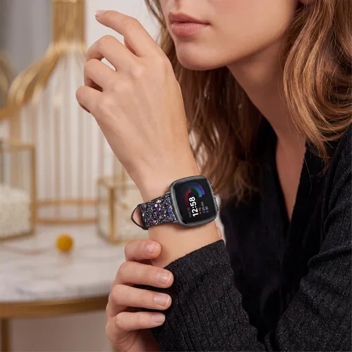 Miniatura 5 de Correa brillante compatible con Fitbit Versa 4/Fitbit Versa 3/Fitbit Sense 2/Sense Bandas Mujer Bling Glitter Correa de Cuero Accesorio de Correa