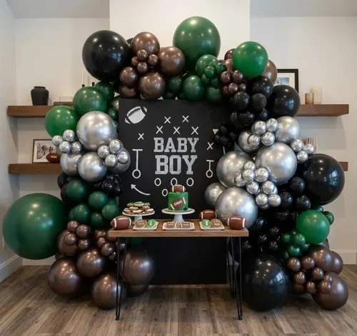 Miniatura 9 de Arco de globos de látex negro y verde, guirnalda de globos de látex de doble relleno, color verde oscuro, marrón, plateado, para camuflaje