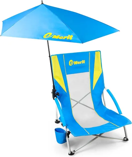 Miniatura 10 de EMERIT Sillas de playa bajas para adultos con paraguas extraíble UPF 50+, mochila plegable ligera silla de camping con soporte para tazas, silla
