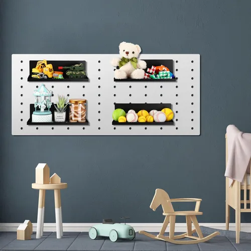 Miniatura 7 de Therwen Paquete de 4 estantes magnéticos para tablero de clavijas, organizador de pared, estante de metal con bandeja de acero, accesorios Negro