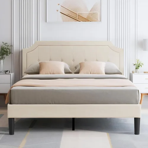 Miniatura 27 de VECELO Base de cama de plataforma de tamaño individual con cabecera tapizada de tela y soporte de listones de madera, no necesita somier/fácil Beige