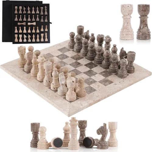 Miniatura 11 de Juego de ajedrez de mármol para adultos de 12 pulgadas, hecho a mano, juegos de ajedrez negro y travertino con caja de almacenamiento, juego