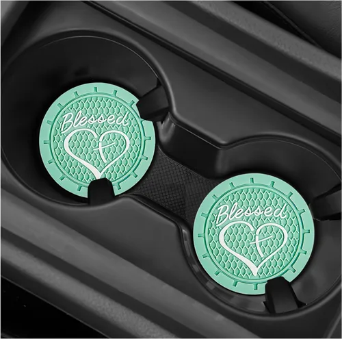 Miniatura 9 de 2 piezas posavasos para portavasos de automóvil, 2.76 pulgadas, PVC suave antideslizante, cruz bendita y corazón, posavasos cristianos para Negro