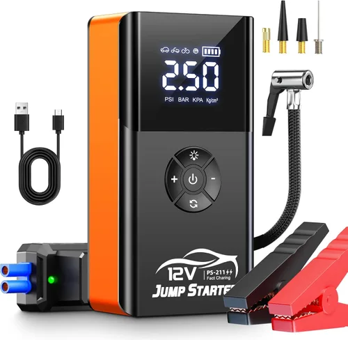 Arrancador con compresor de aire, 8000 A 180 PSI, batería portátil de coche (todo gasolina/12L diesel) 12 V caja de salto de automóvil cargadores