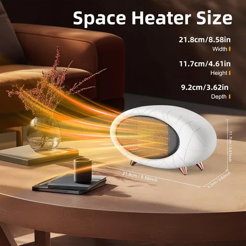 Miniatura 6 de Calentador de escritorio de 600 W pequeño con protección contra sobrecalentamiento y caídas, calentamiento rápido en cerámica PTC para uso en Blanco