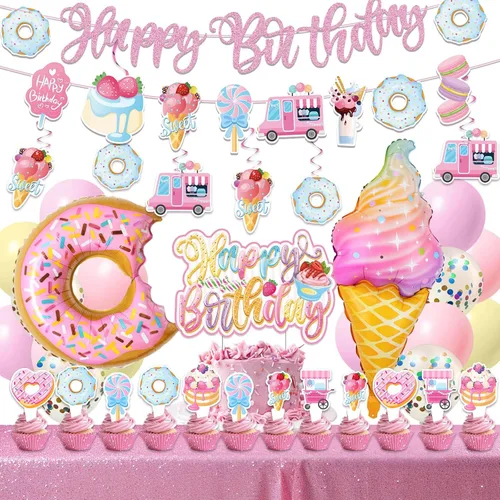 Miniatura 8 de JUYRLE Decoraciones de 3er Cumpleaños Feliz para Niñas - decoraciones de tercer cumpleaños rosa, decoración de fiesta de cumpleaños de helado