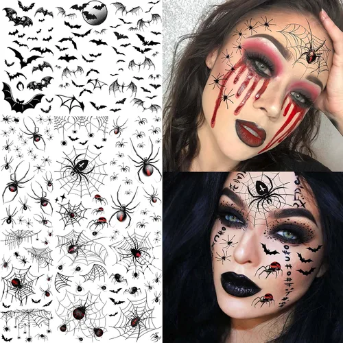 Miniatura 7 de VANTATY 9 hojas de calcomanías de tatuaje de telaraña de Halloween, manga temporal de tatuaje de murciélago medio brazo para mujeres, hombres, Negro