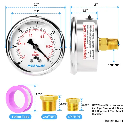 Miniatura 2 de MEANLIN MEASURE - Vacuómetro de presión de vacío de acero inoxidable, esfera con cara de 2.5 pulgadas, NPT de 1/8 de pulgada, montaje trasero