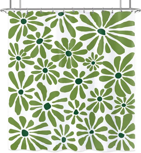 Miniatura 5 de Cortina de ducha de flores de margaritas verdes de los años 70, cortina de ducha floral abstracta para decoración de baño, 60 x 72 pulgadas