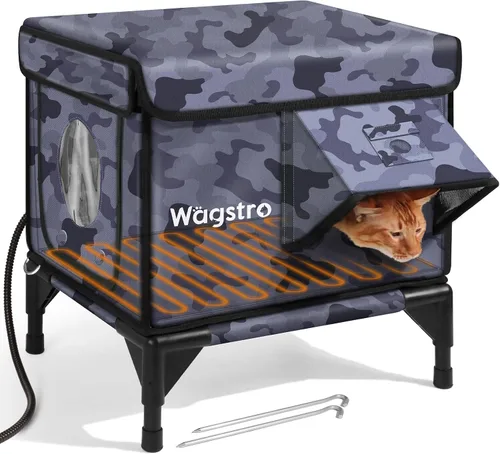 Casa climatizada para gatos para exteriores, casa aislada a la intemperie para gatos al aire libre con aleros impermeables y puerta de escape,