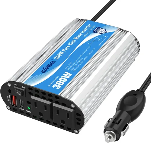 GIANDEL Onda sinusoidal pura de 300 vatios con fusibles aprobados por UL, 12 V CC a 120 V CA, inversor de corriente para automóvil con USB-C PD 30 W