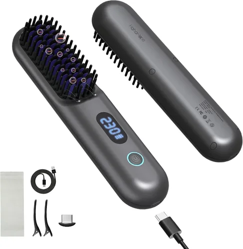 Cepillo alisador de pelo inalámbrico, cepillo alisador portátil con 9 ajustes de temperatura, mini peine alisador para viajes, batería recargable de