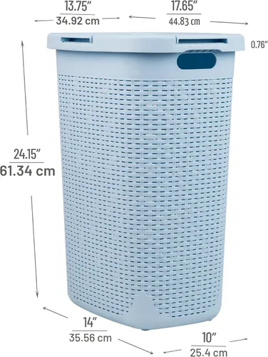 Miniatura 3 de Mind Reader Cesta de lavandería delgada con tapa, cesta de ropa de 60 L, diseño de mimbre premium, plástico, azul bebé