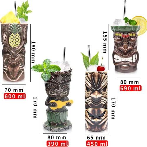 Miniatura 2 de SuproBarware Tiki - Juego de 4 tazas de cerámica hawaiana para fiesta, tazas grandes de fiesta Tiki para cócteles, bebidas tropicales de bar