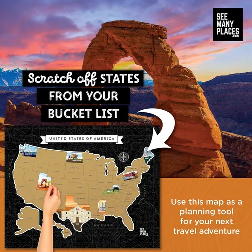 Miniatura 5 de Mapa de Estados Unidos para Raspar "See Many Places", Póster Enmarcable de 28x22" Mapa de Viaje de EE.UU. con Imágenes de Estados Personalizadas