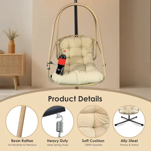 Miniatura 4 de JESE Silla Huevo Columpio con Soporte Marco Plegable Sillas Colgantes para Interior Exterior, con Cojín Impermeable Resistente a UV y Portavasos