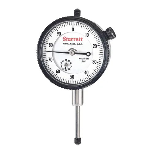 Miniatura 20 de Starrett Indicador de Cuadrante Serie 25 con Rodamientos de Rubí y Oreja en el Centro Posterior - Carátula Blanca, Rango de 0-.025", Cuadrante